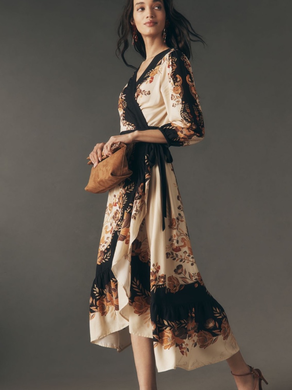 New FARM Rio Long Sleeve Floral Wrap Midi Dress - Picture 3 of 4